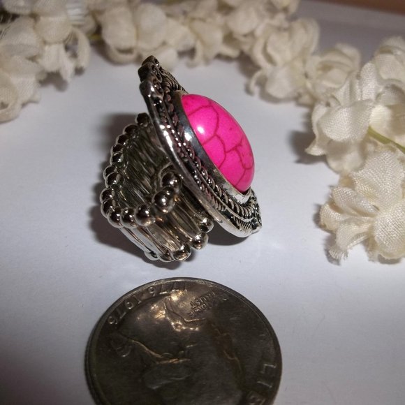 Pink and Silver Adjustable Ring Stretch Size Barbiecore Style Statement A950 - Picture 5 of 6